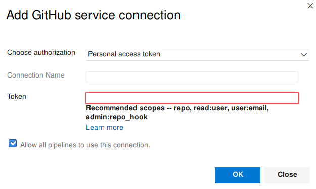 Adding a Github service connection in Azure