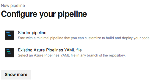 Selecting wether to use a starter pipeline or an existing YAML file