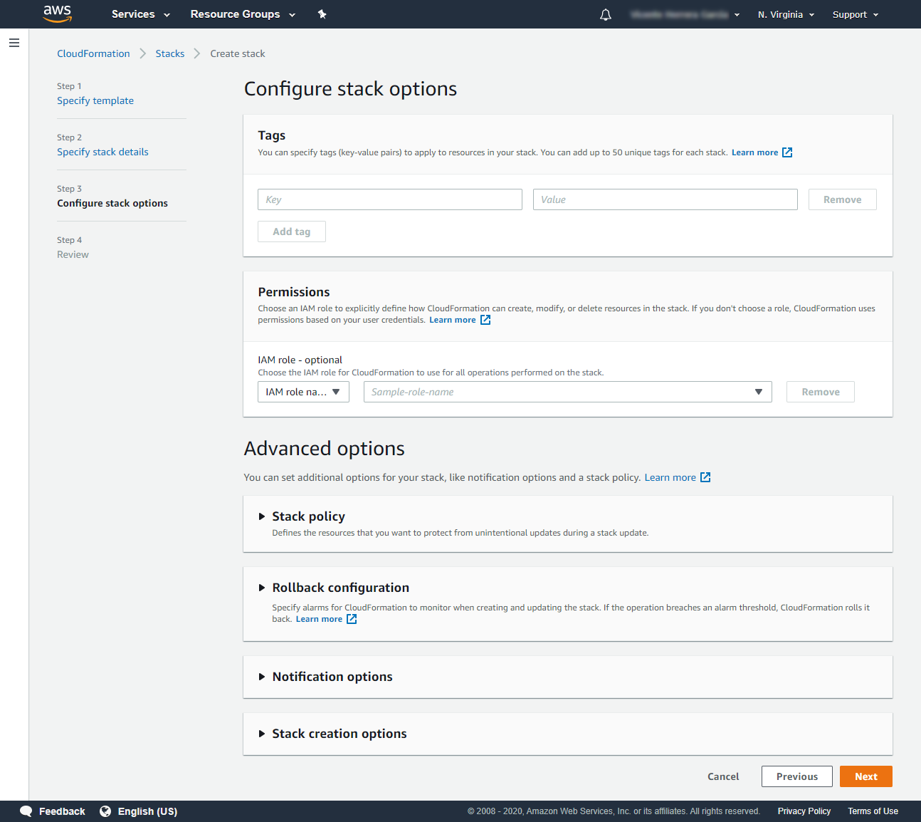 The Sysdig Cloud Connector template, the stack options step