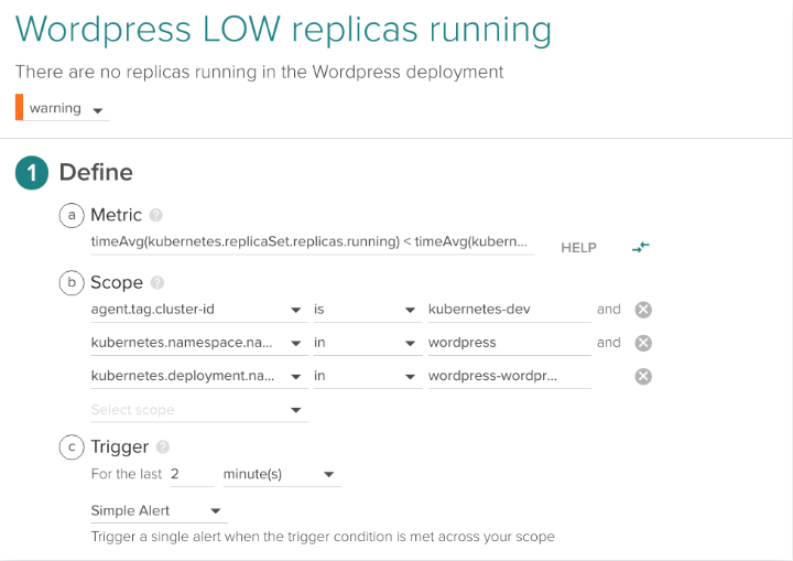 Example Kubernetes Alert: Low replicas running for a service