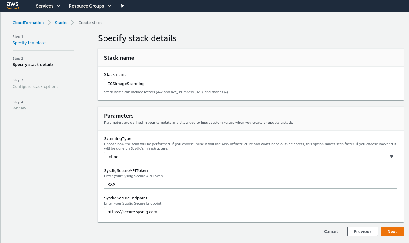 CloudFormation template to set up Fargate image scanning - The specify stack details step