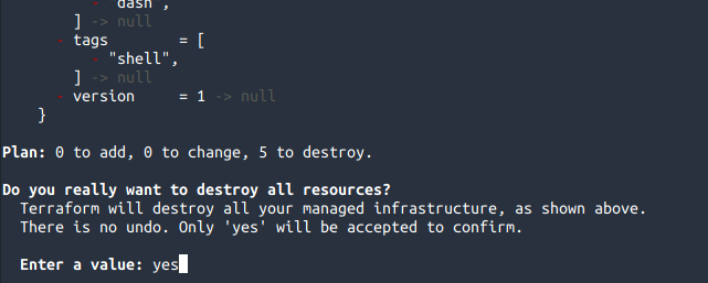 Terraform asking us if we want to remove the resources